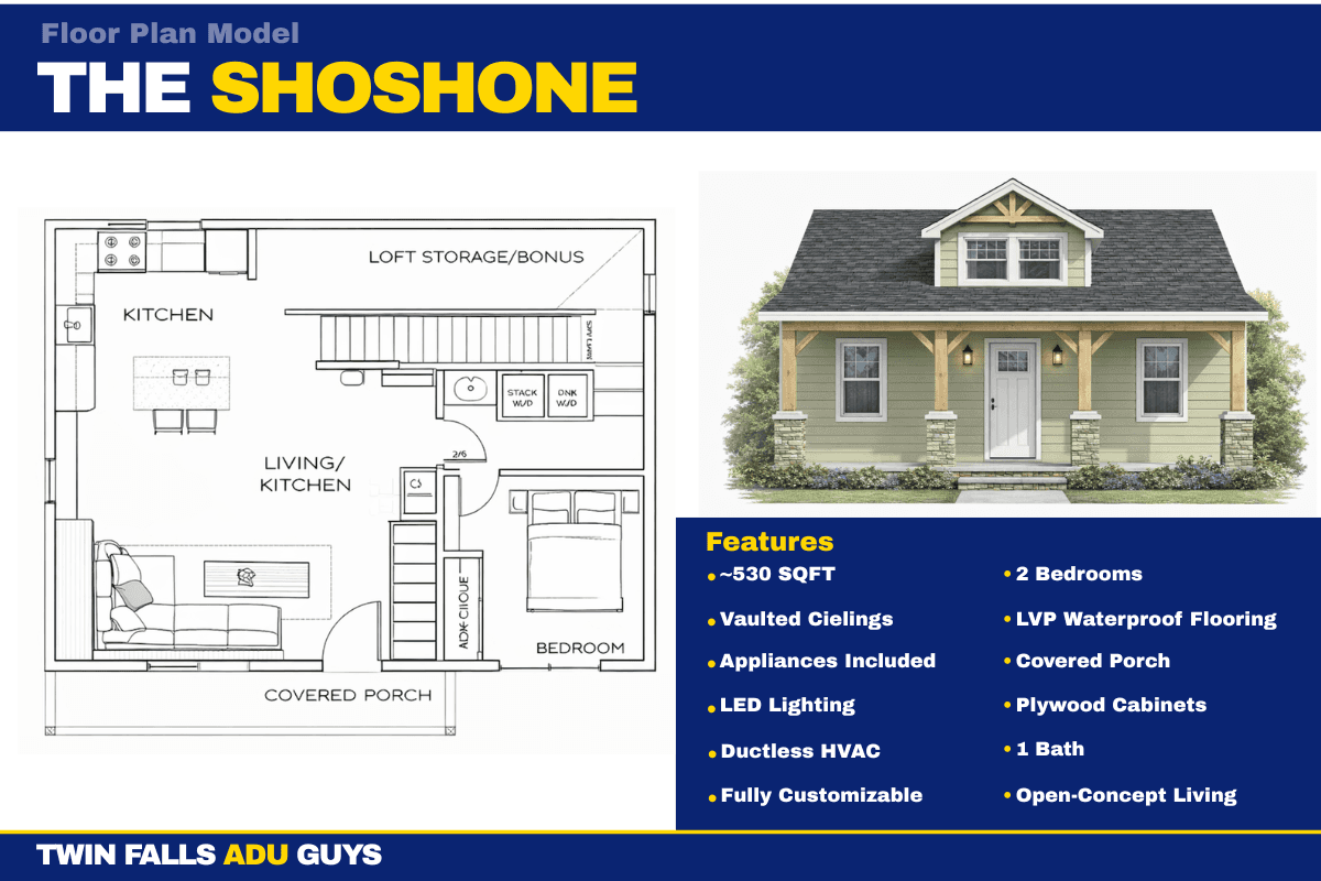 The Shoshone - 600 sq ft 1-Bedroom Classic ADU floor plan