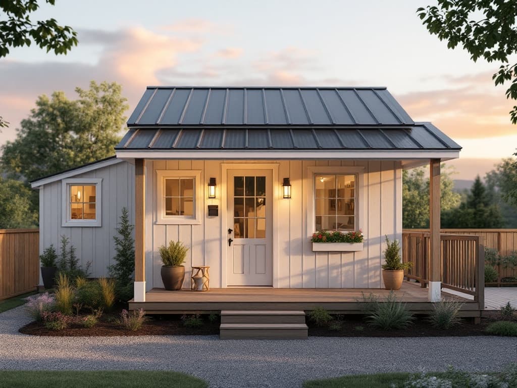 Photorealistic AI render of a customized Snake River ADU with covered porch and deck at golden hour